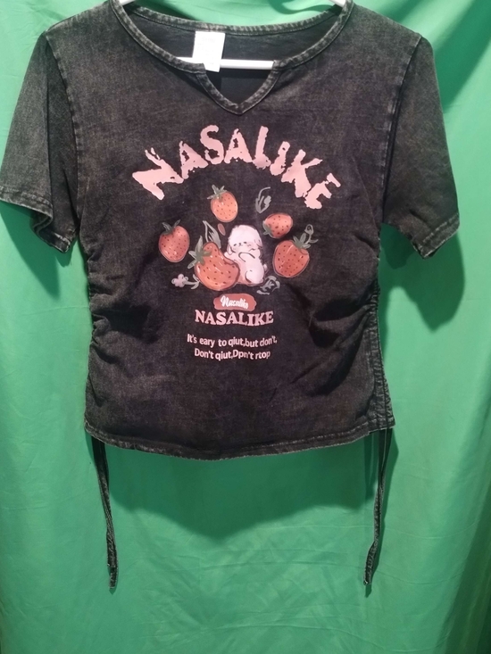 Tops - SHBL Black Washed Graphic Tee with Pink Strawberry Print